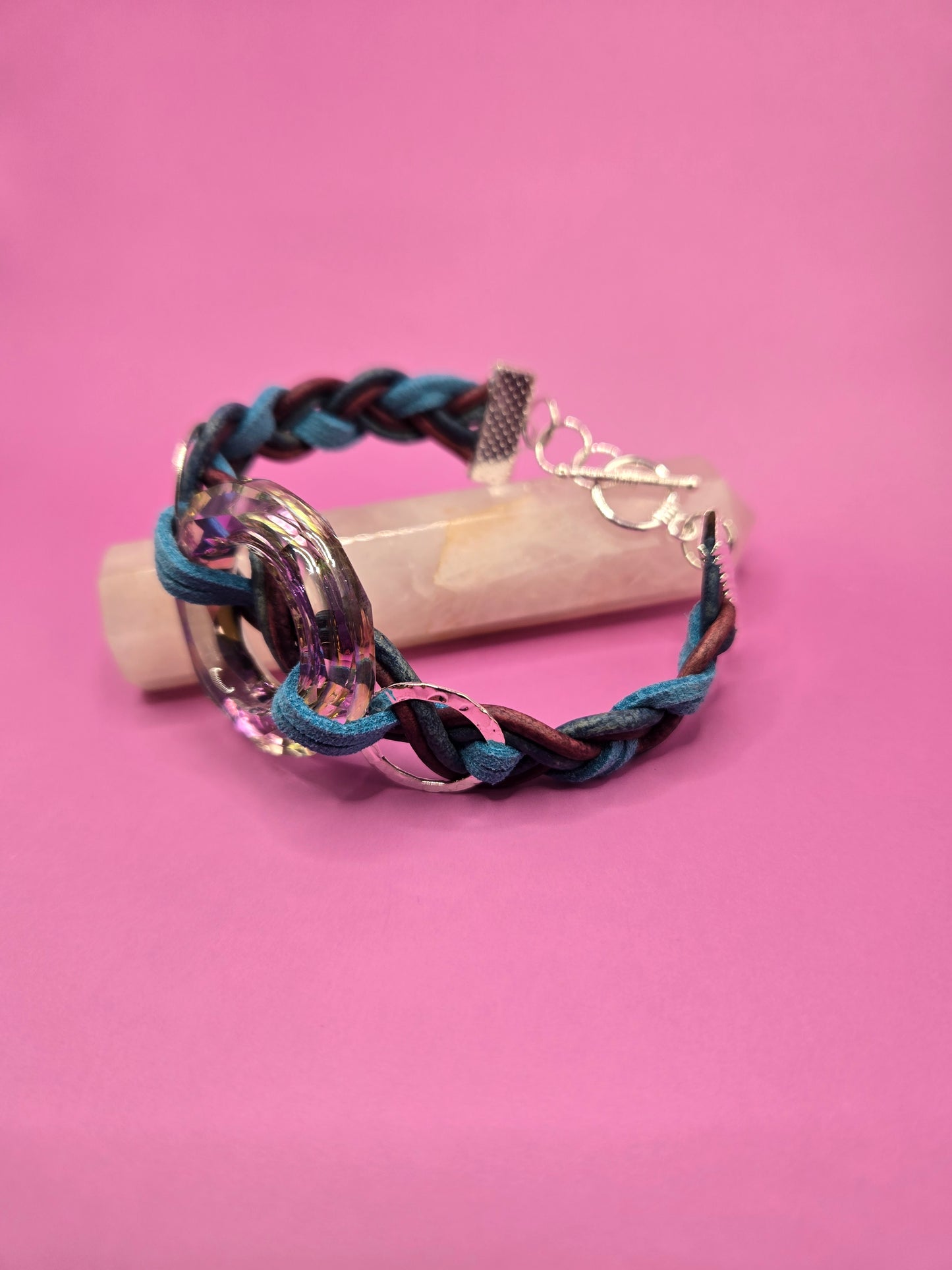 Violet and blue leather bracelet with glass focal