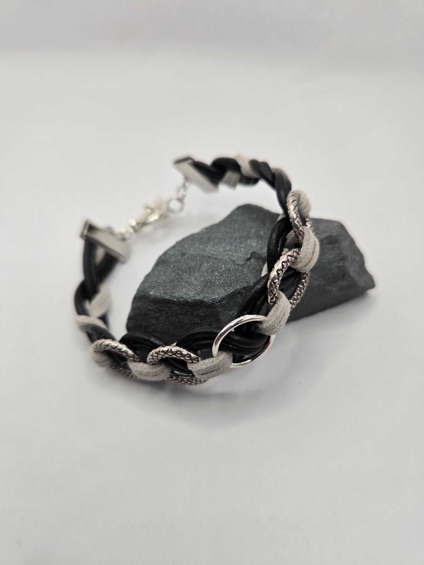 Unisex black leather and gray suede bracelet