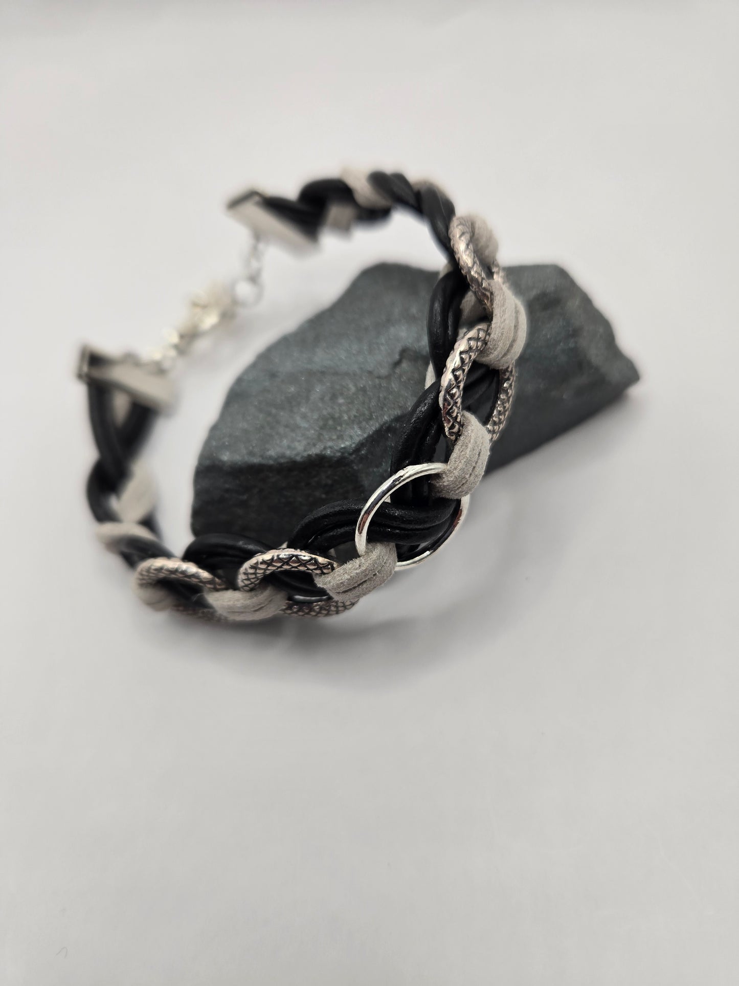 Unisex black leather and gray suede bracelet