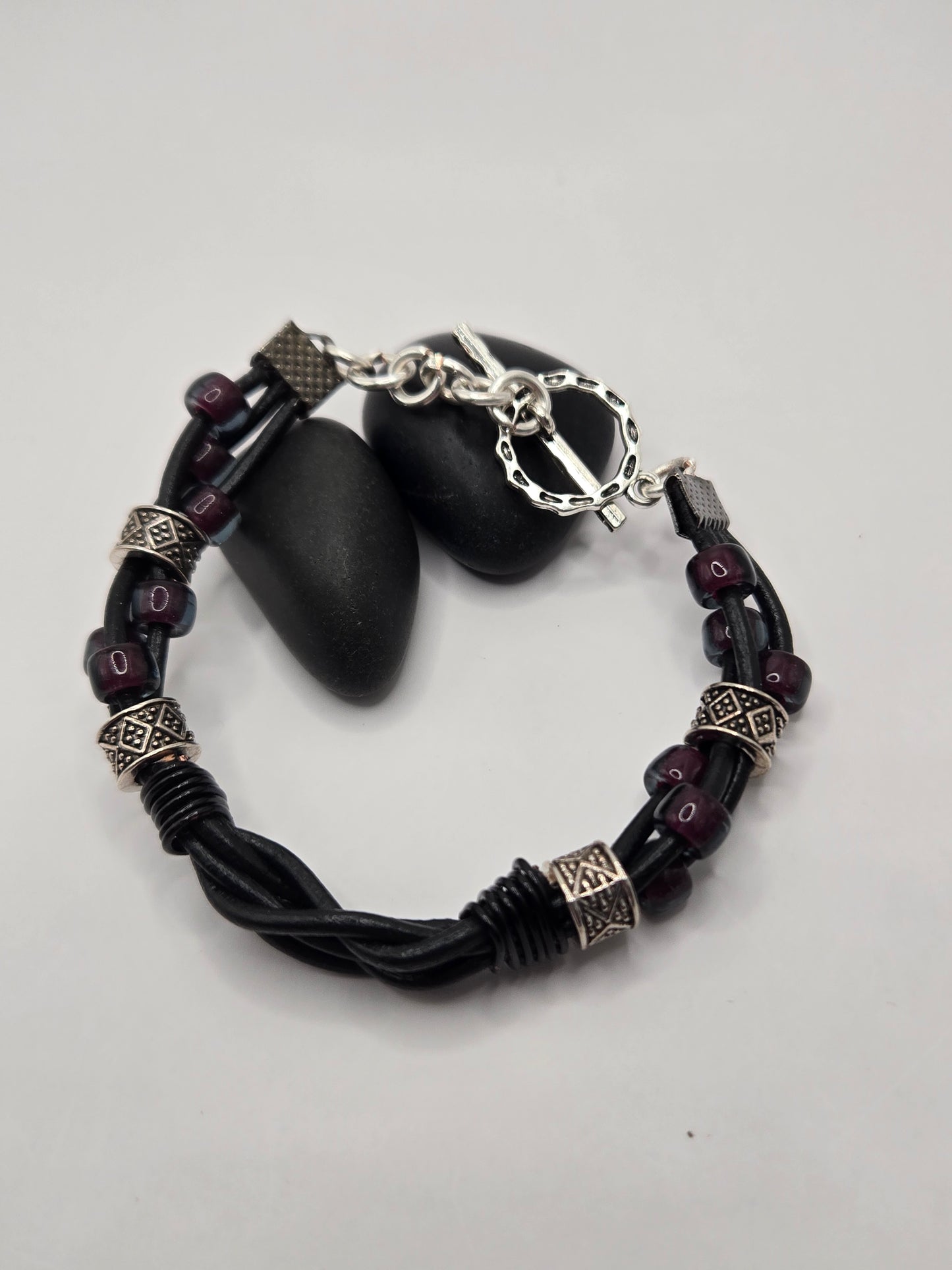 Black leather cord bracelet with czech glass garnet beads