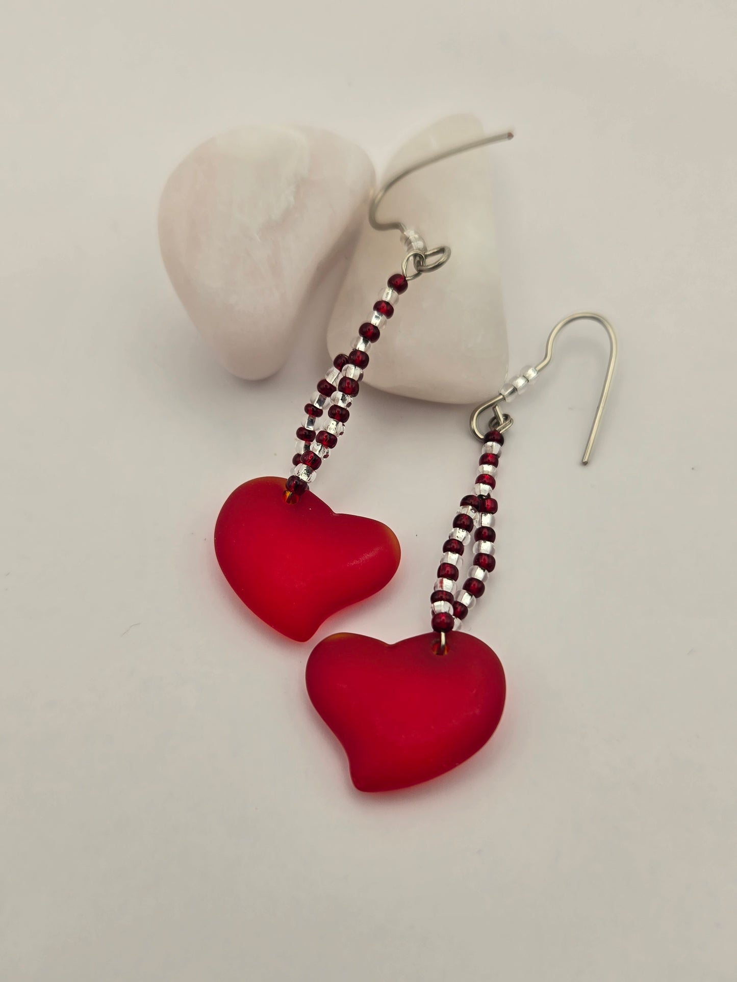 Red glass heart earrings with Red and clear glass seed beads