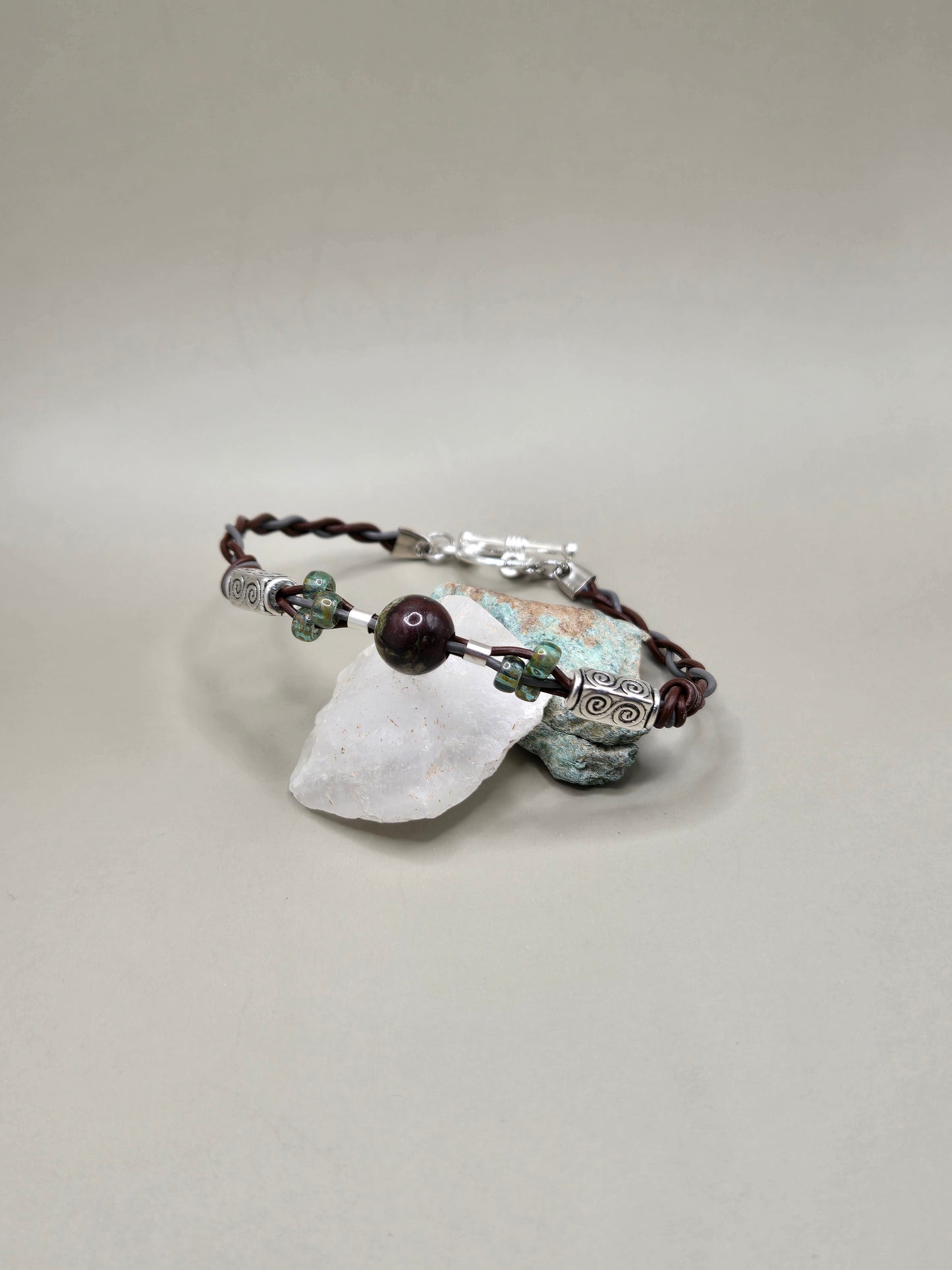Gray and brown braided leather bracelet with beads
