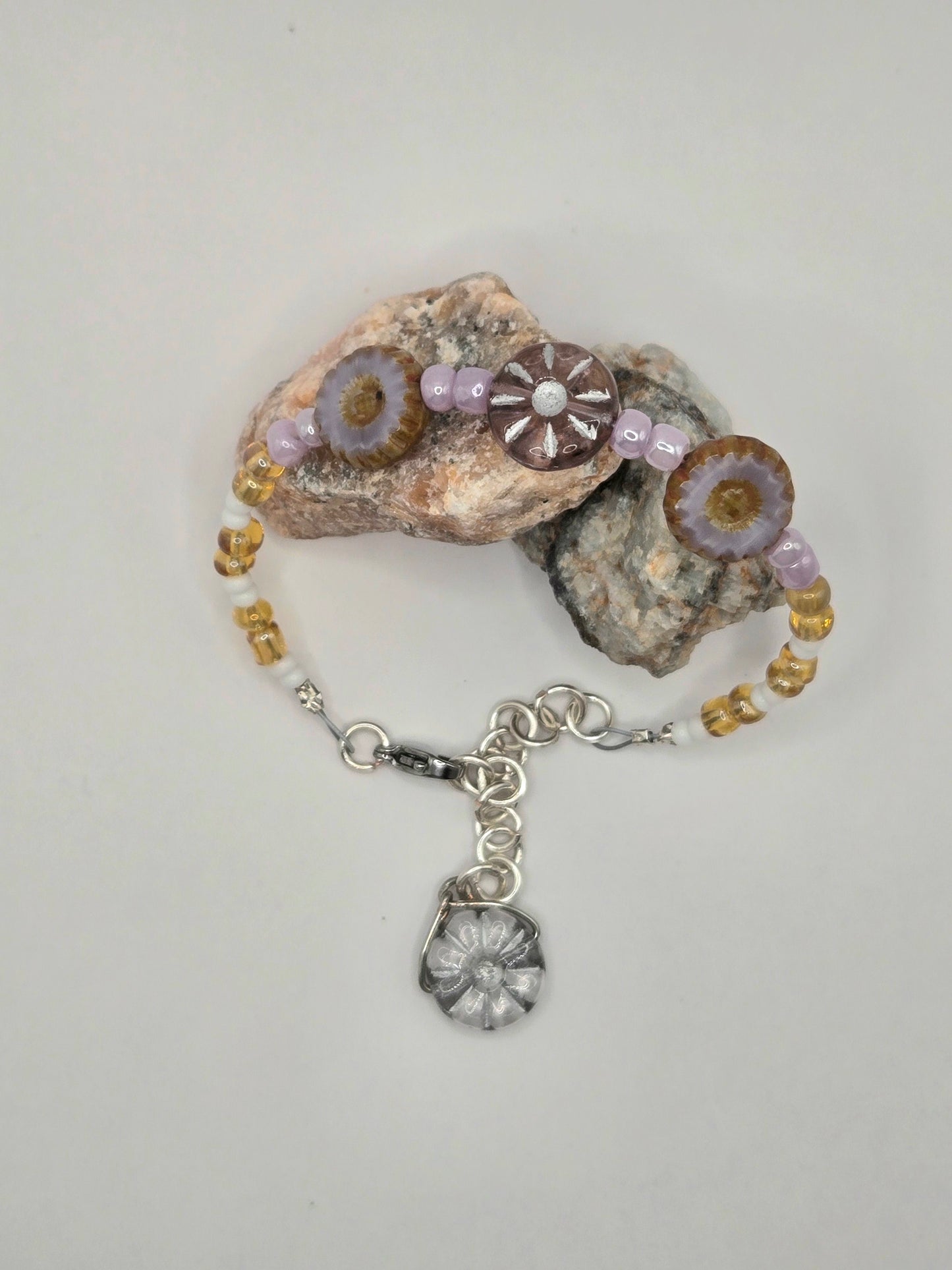 Czech Purple flower glass beads wire bracelet with Czech flower glass charm