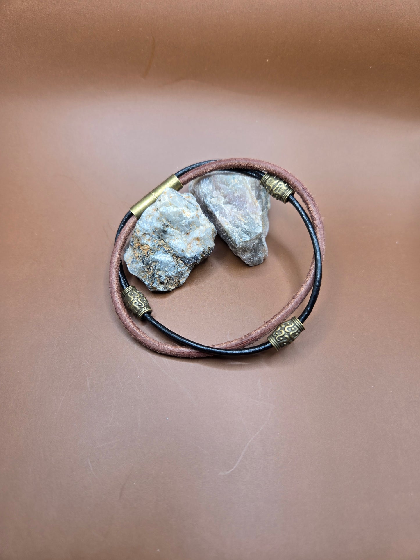 Brown/black leather with bronze metal beads bracelet
