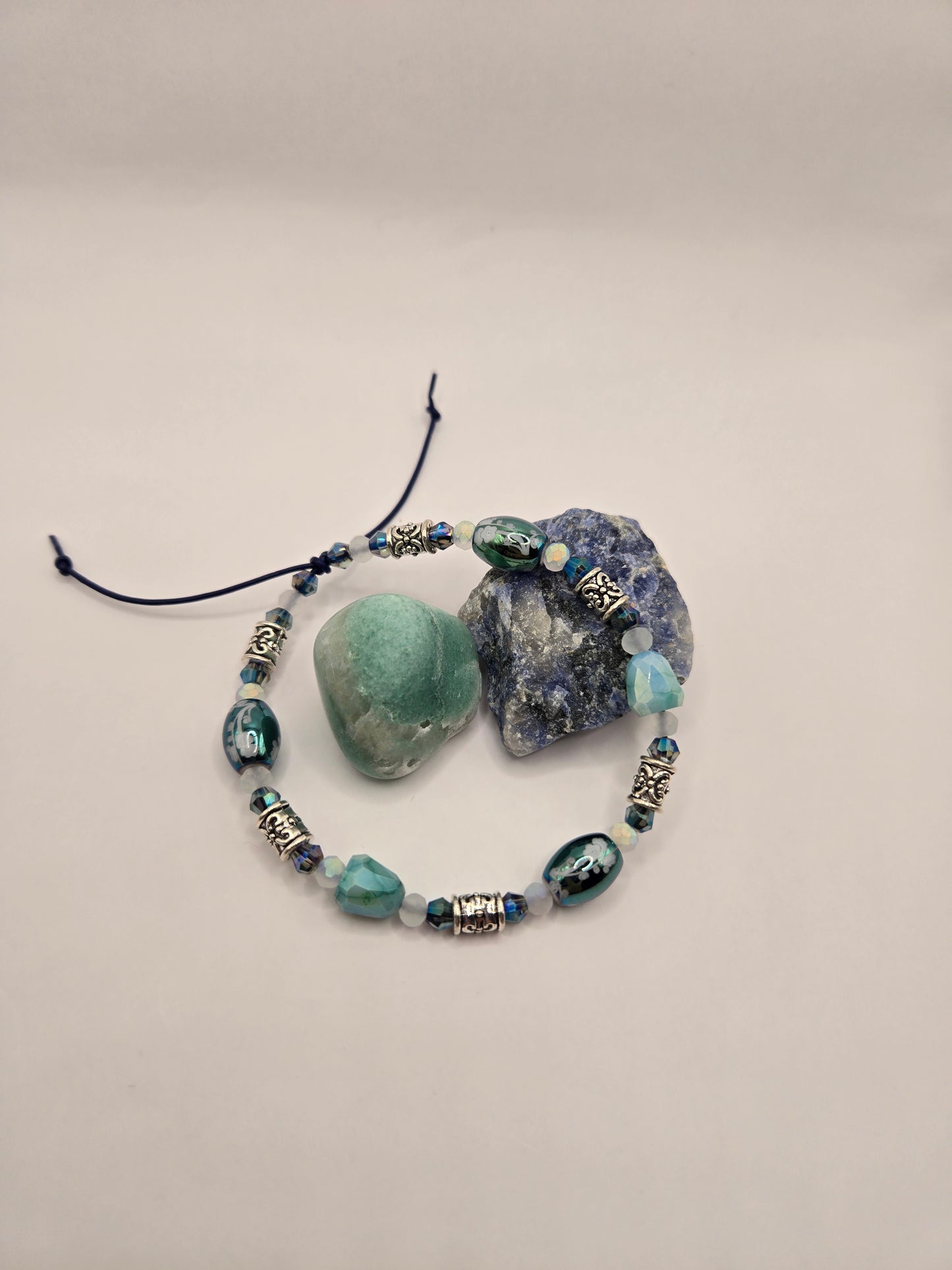 Blue-Green flowered crystal beads adjustable leather bracelet