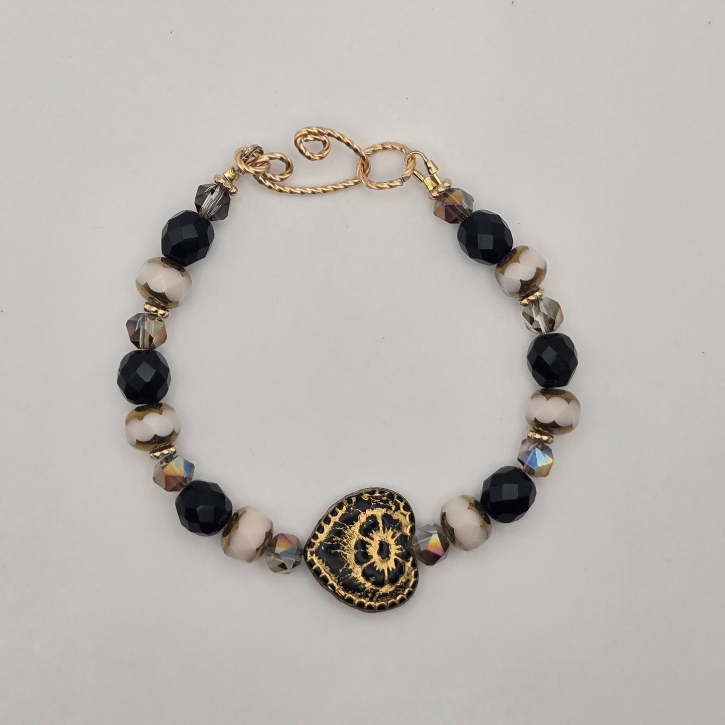 Black Czech glass heart satin wire bracelet