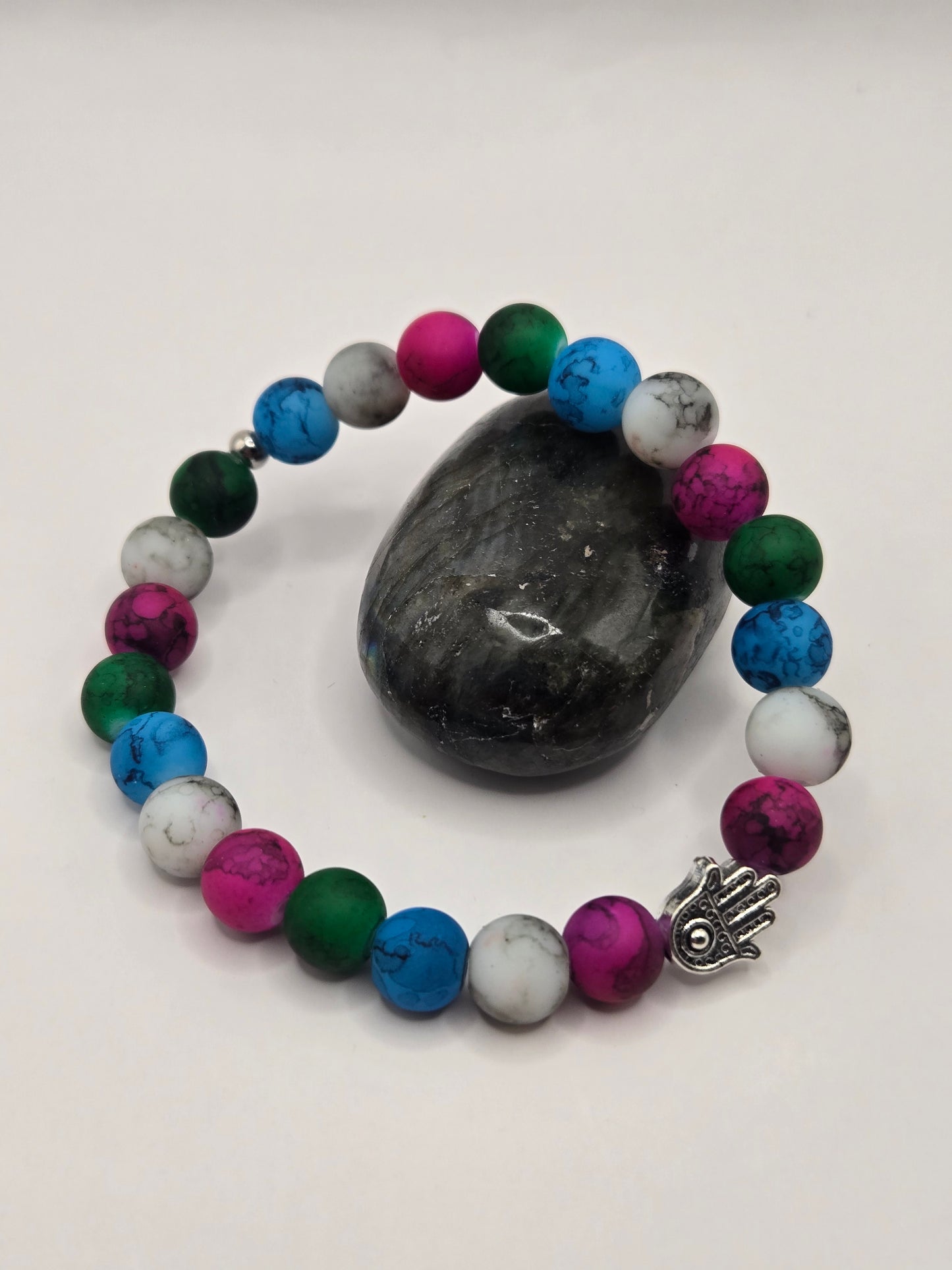 Hamsa hand with colored glass bead stretchy bracelet