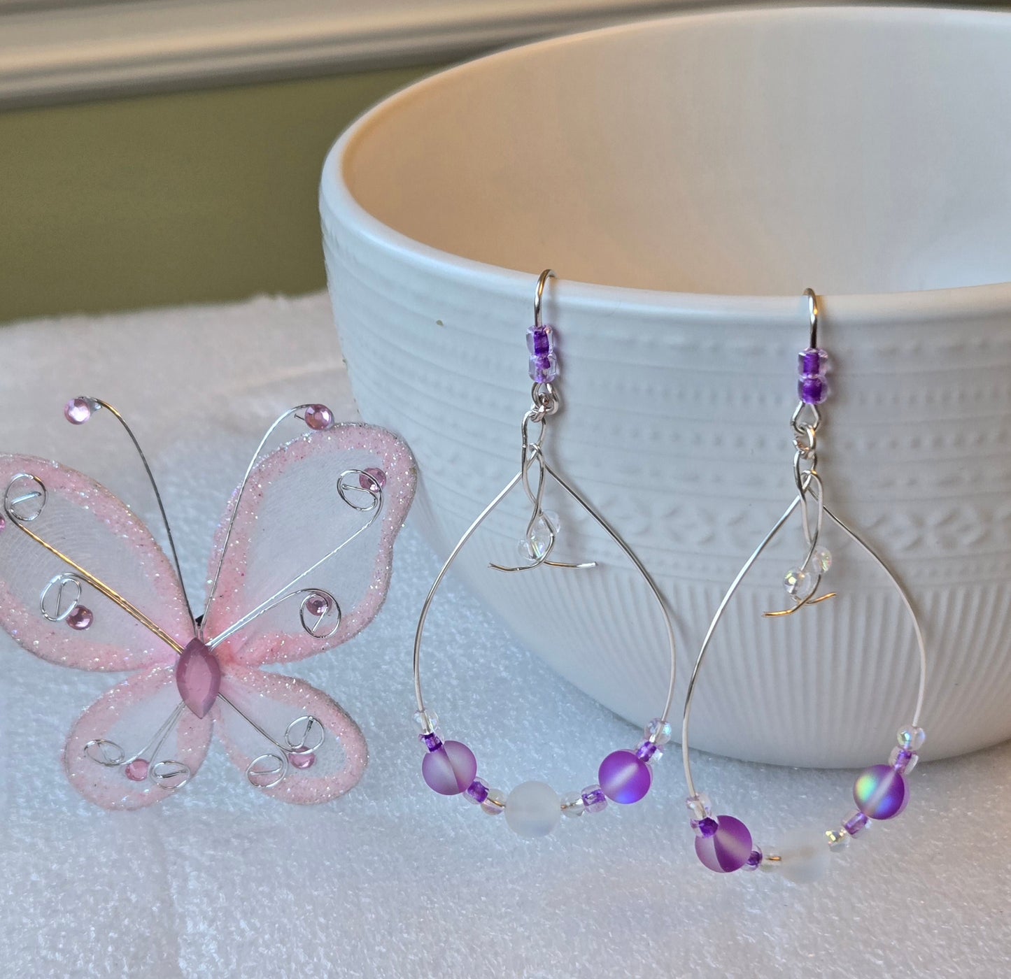 Silver wire teardrop earrings with Rainbow/Purple glass beads