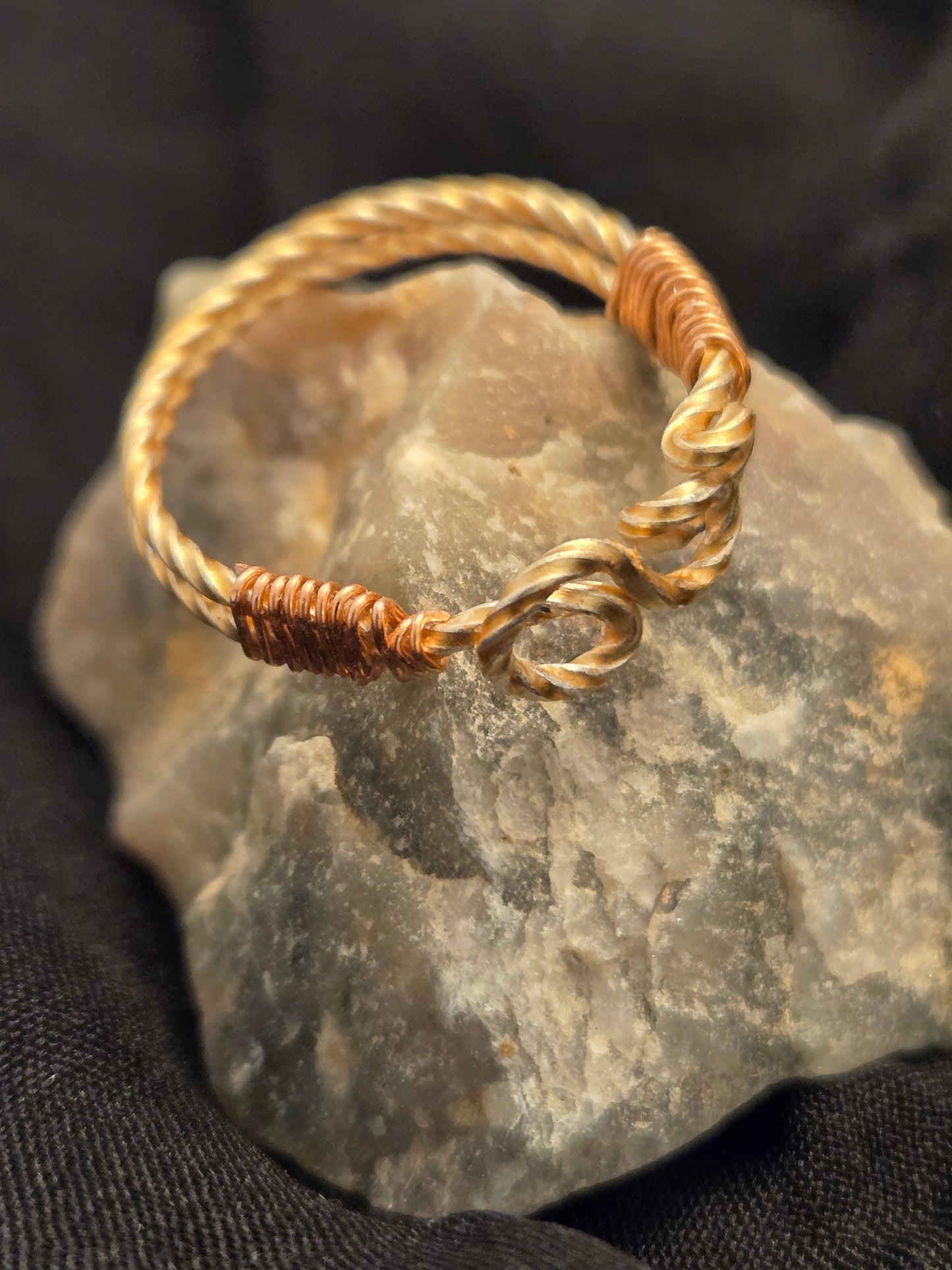 Twisted square gold wire ring with copper wrapping