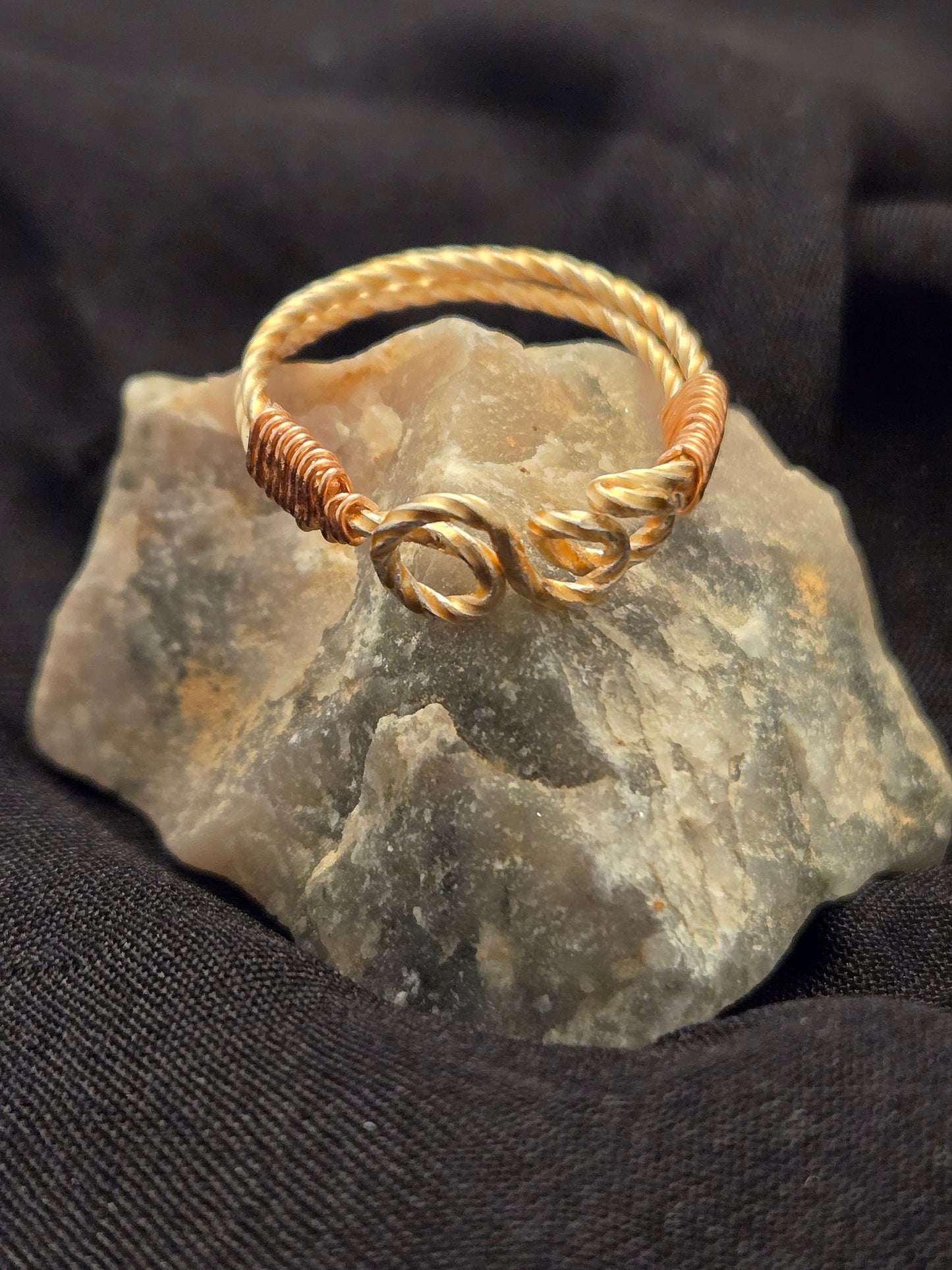 Twisted square gold wire ring with copper wrapping