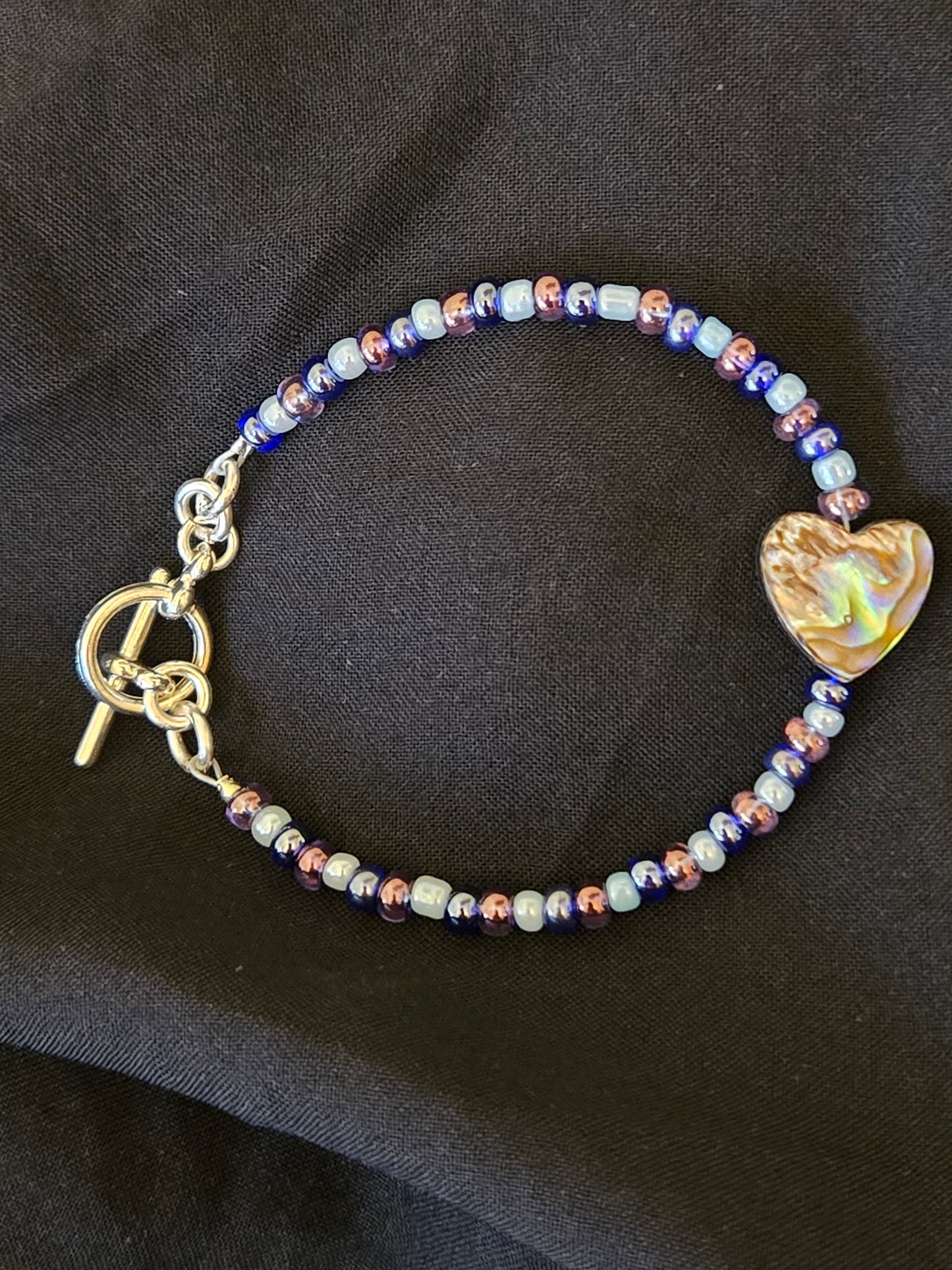 Abalone heart satin wire bracelet with glass seed beads