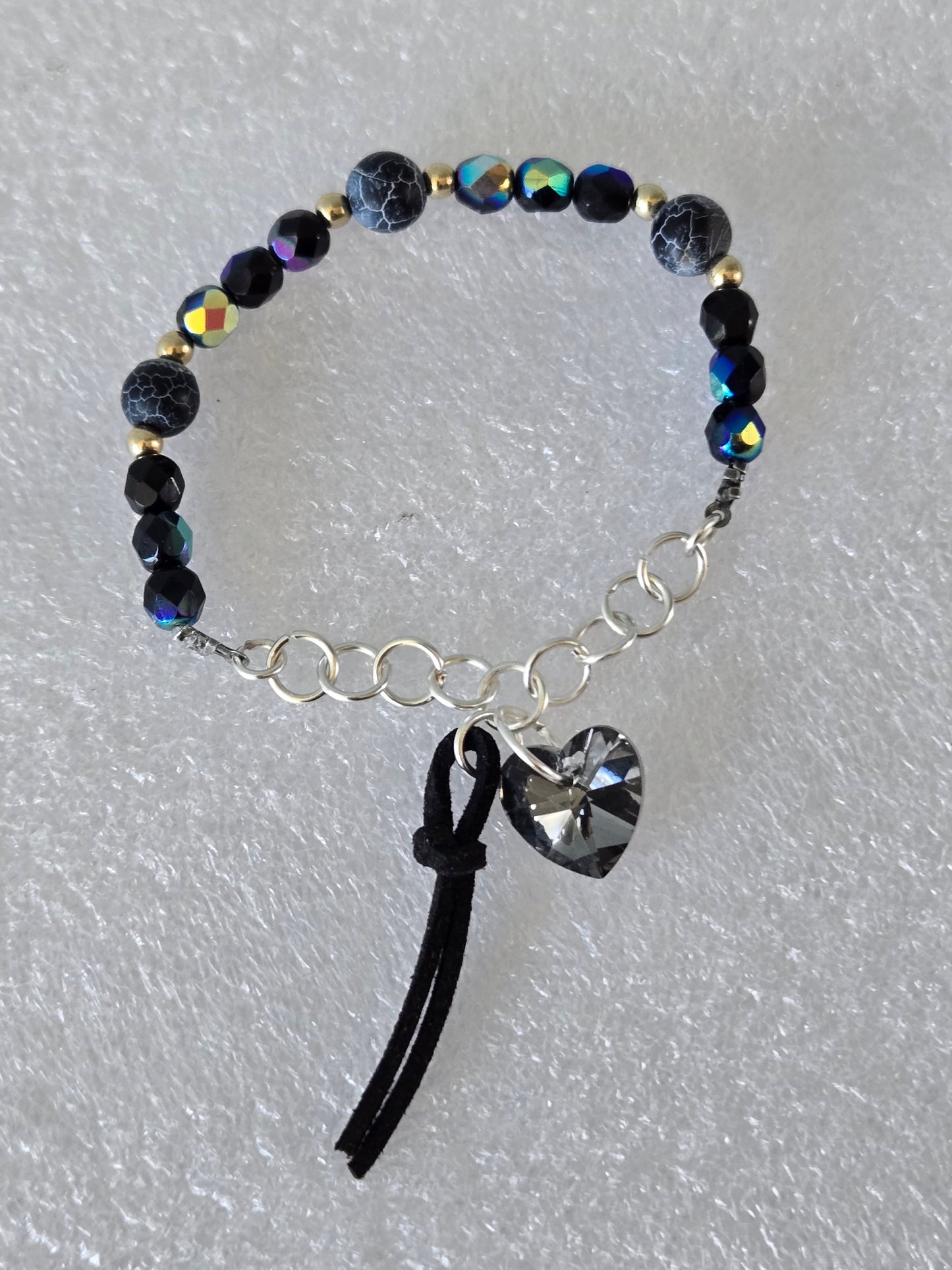 Czech glass Jet AB Fire Polished stretch bracelet with smoky glass heart charm