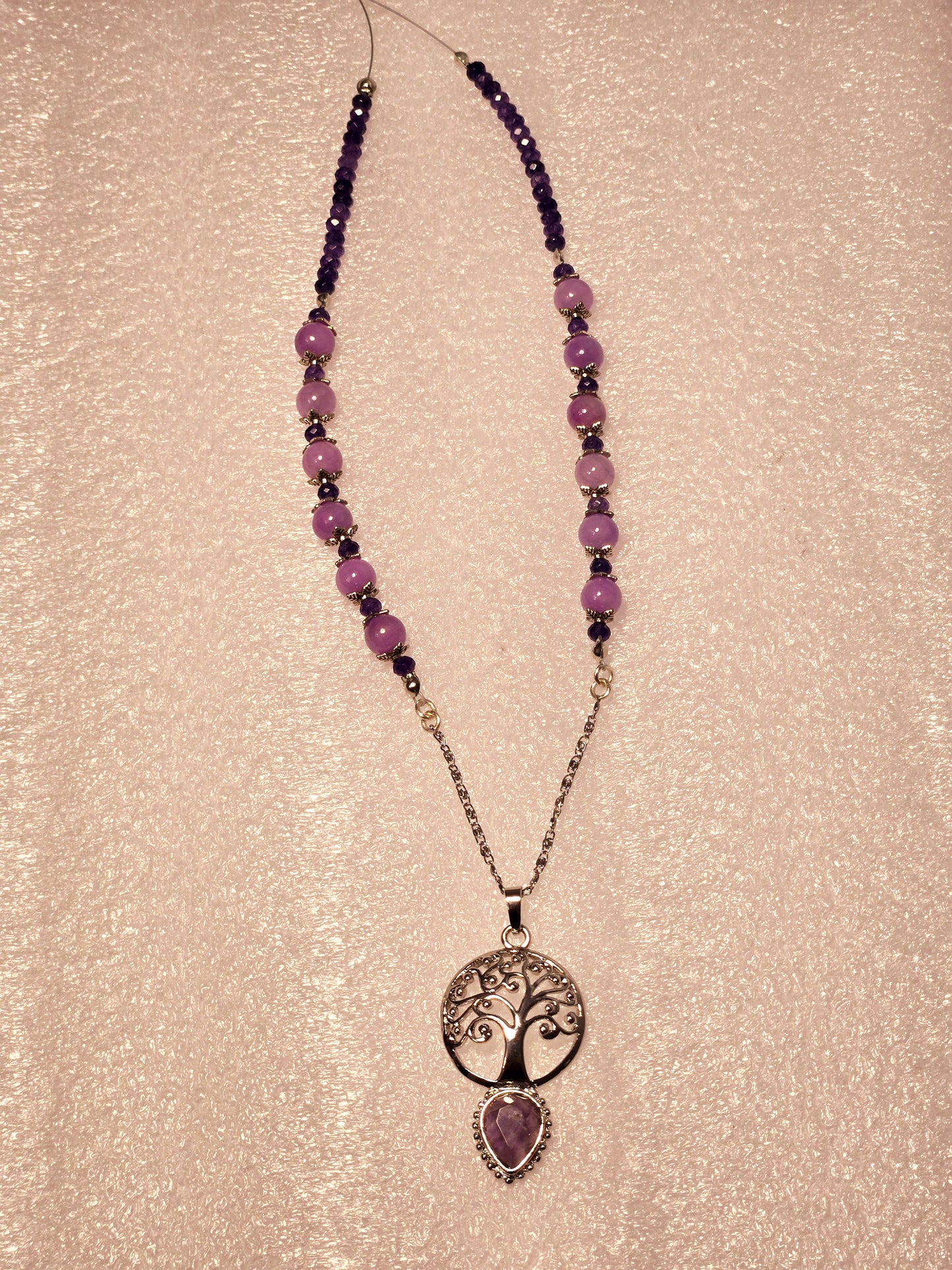 Amethyst Tree of Life pendant with Jade Violet round glass beads and faceted Amethyst rondelle glass beads