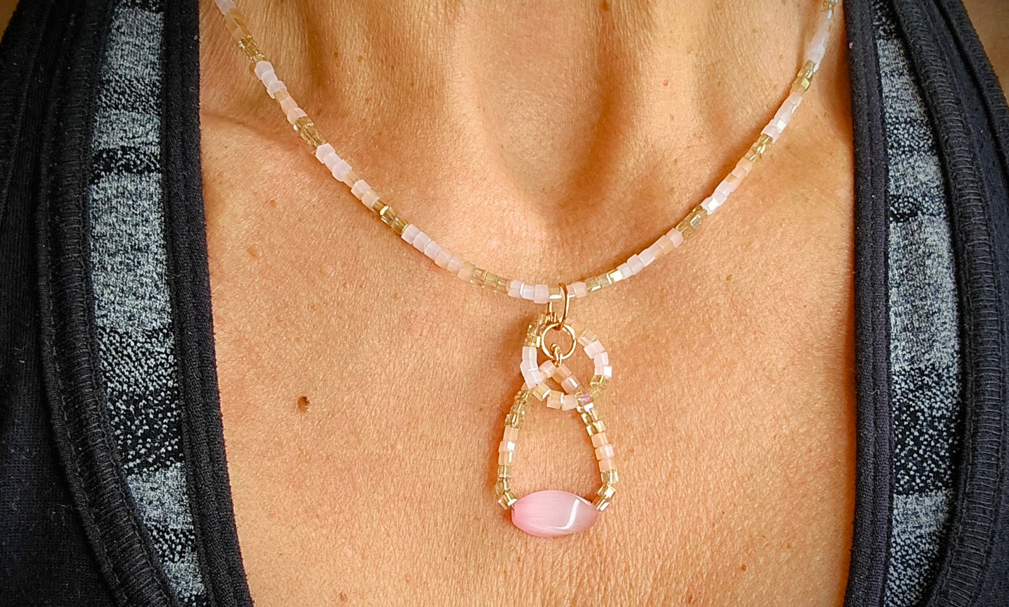 Pink Cat's Eye satin gold wire necklace