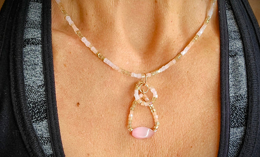 Pink Cat's Eye satin gold wire necklace