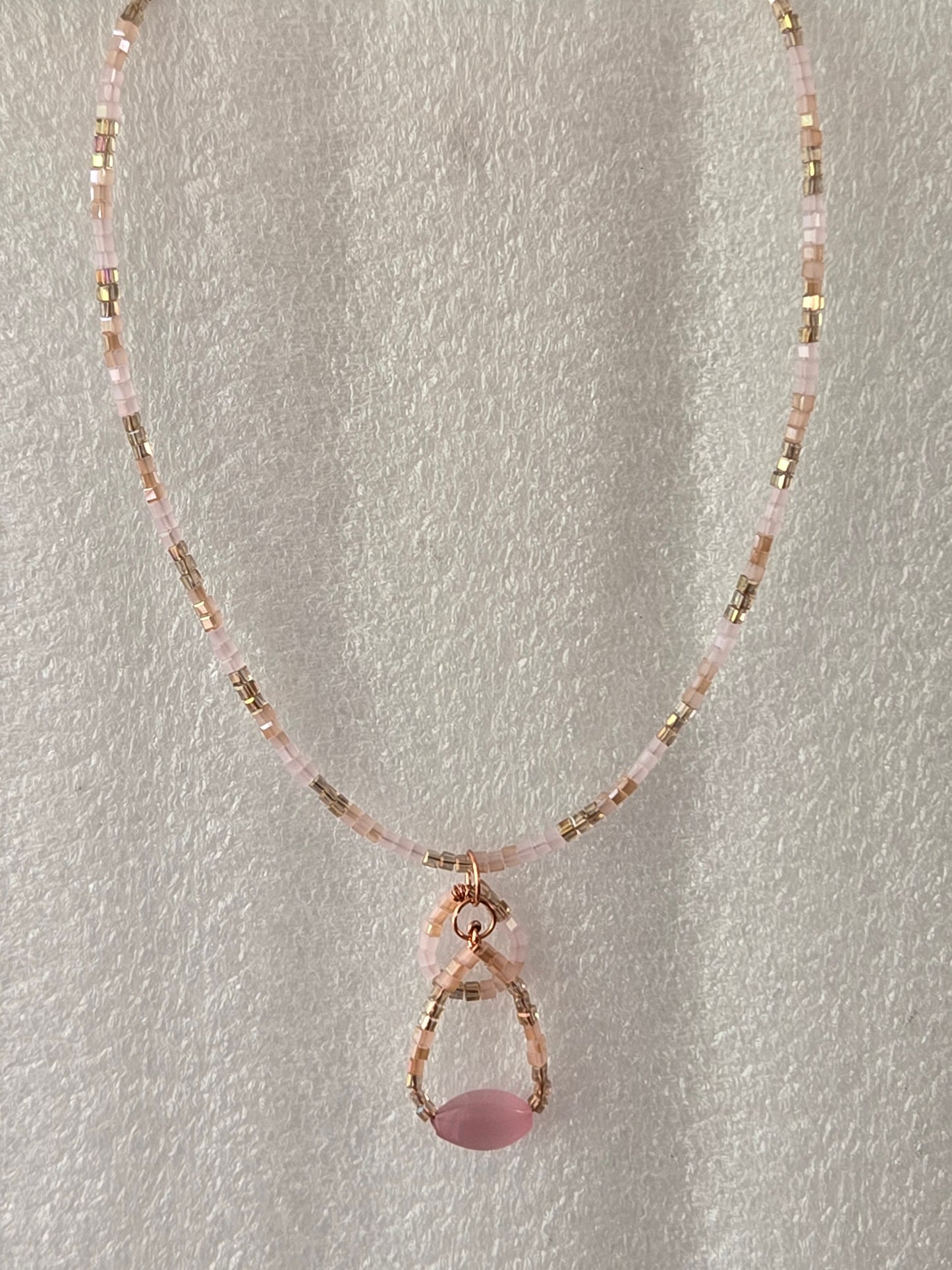 Pink Cat's Eye satin gold wire necklace