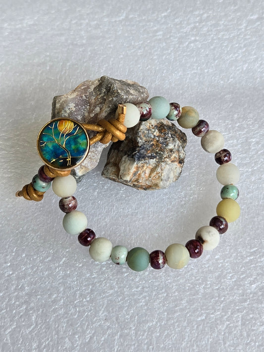 Amazonite and porcelain beads gold leather cord bracelet with a shank button clasp