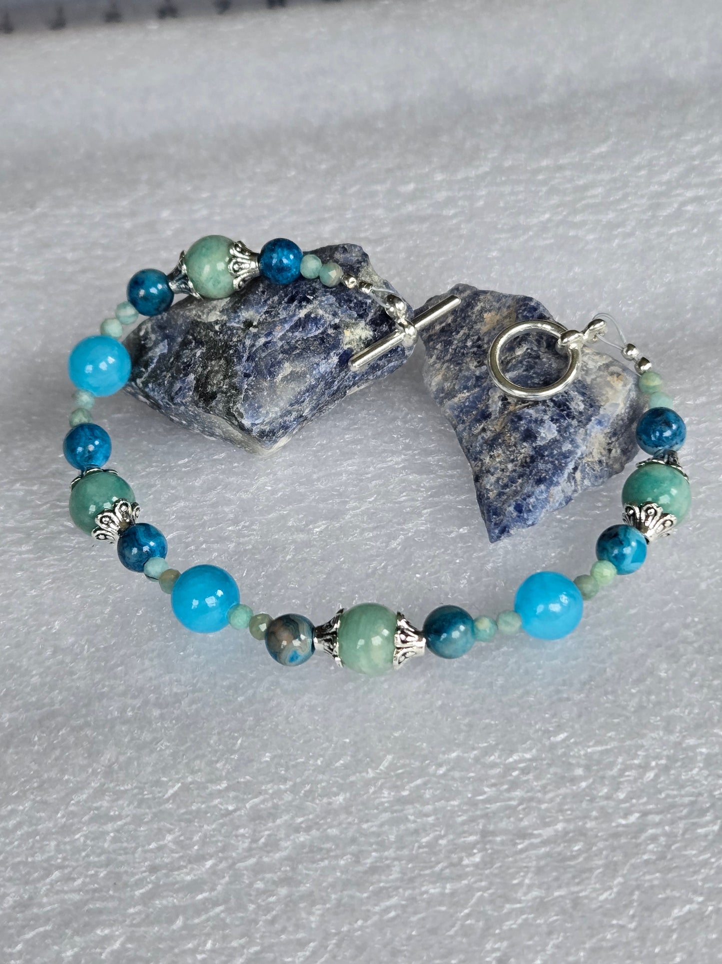 Amazonite and Larimar Blue Crazy Lace satin wire bracelet