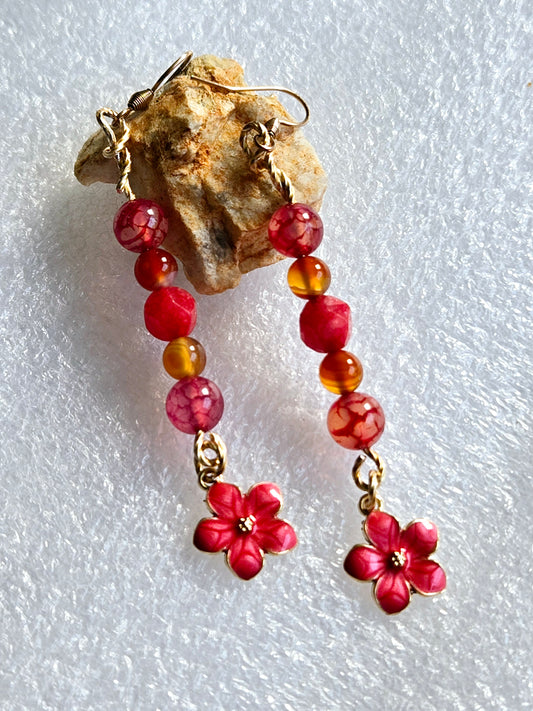 Carnelian, crackle Agate and Jade Quartz drop earrings with enameled Crimsom flowers