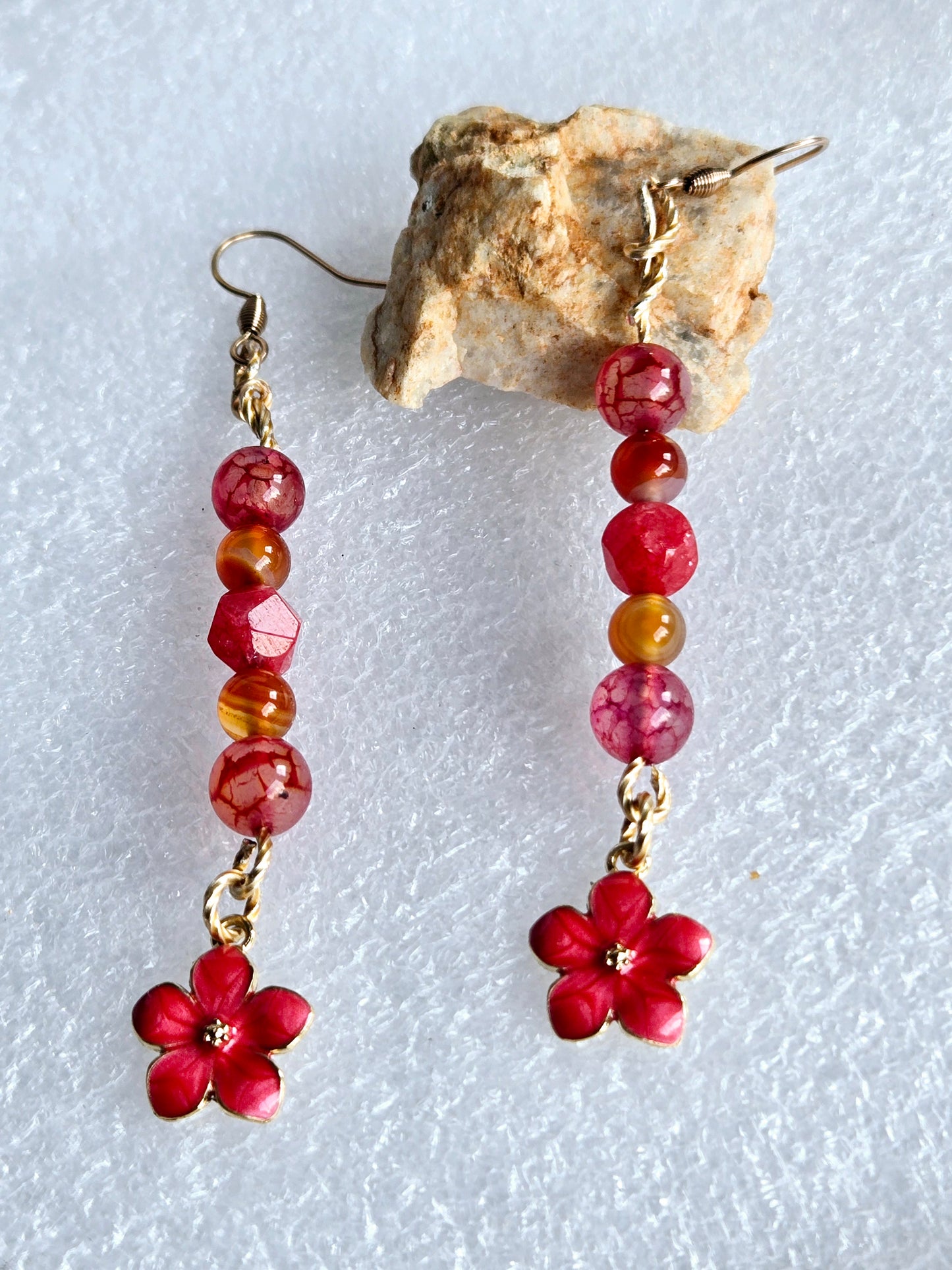 Carnelian, crackle Agate and Jade Quartz drop earrings with enameled Crimsom flowers