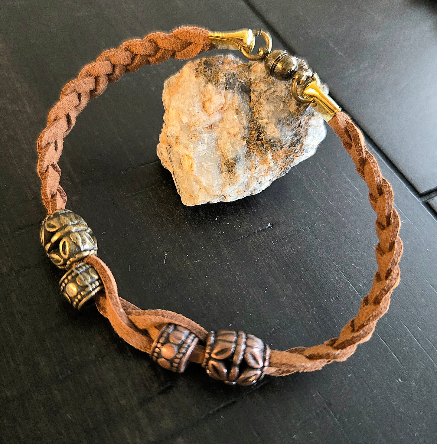 Braided Tan suede bracelet with bronze and gold metal beads