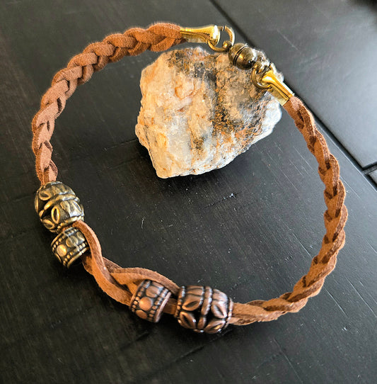 Braided Tan suede bracelet with bronze and gold metal beads