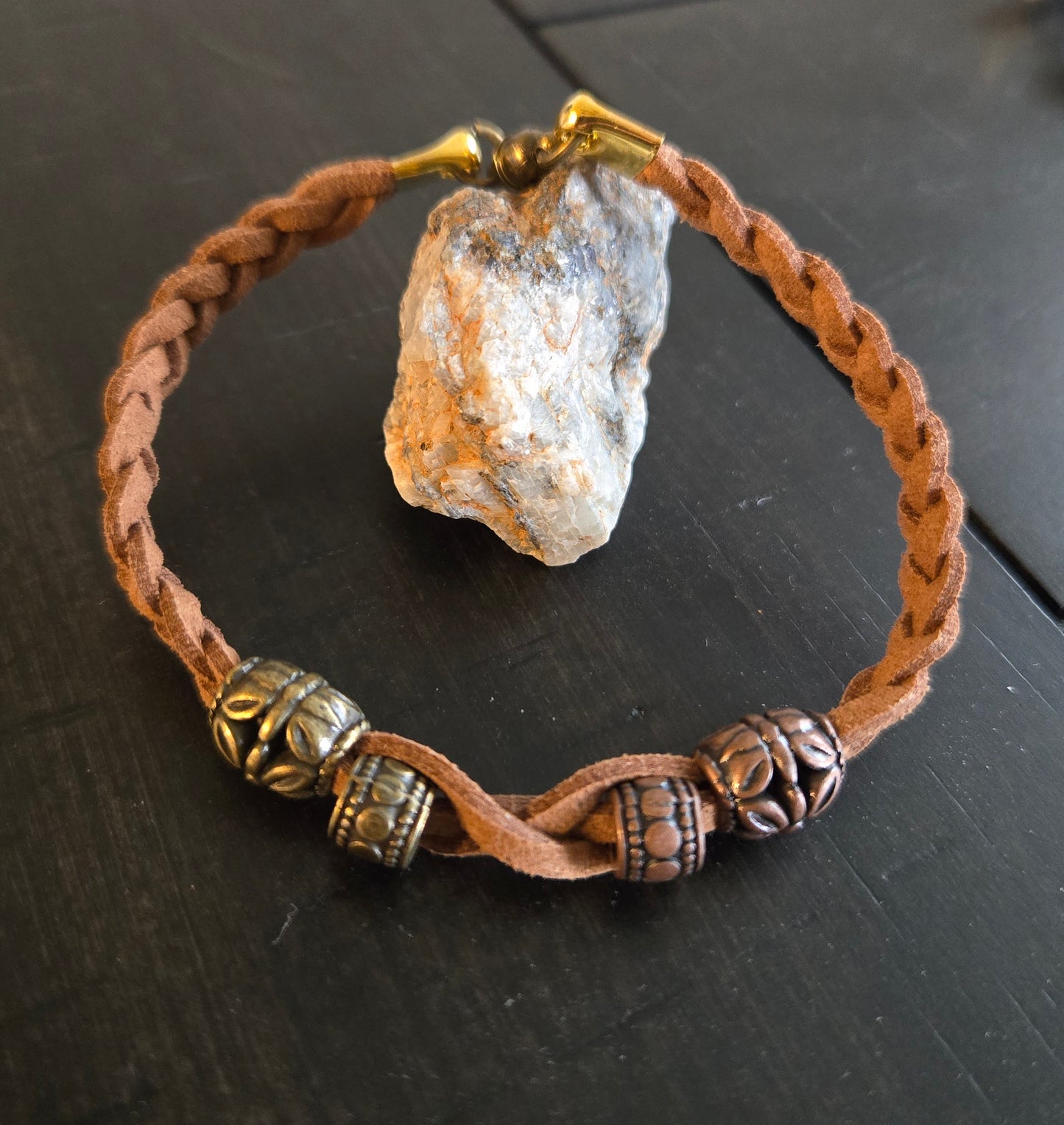 Braided Tan suede bracelet with bronze and gold metal beads