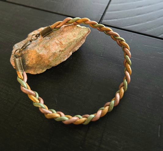 Gold/copper/green braided leather bracelet