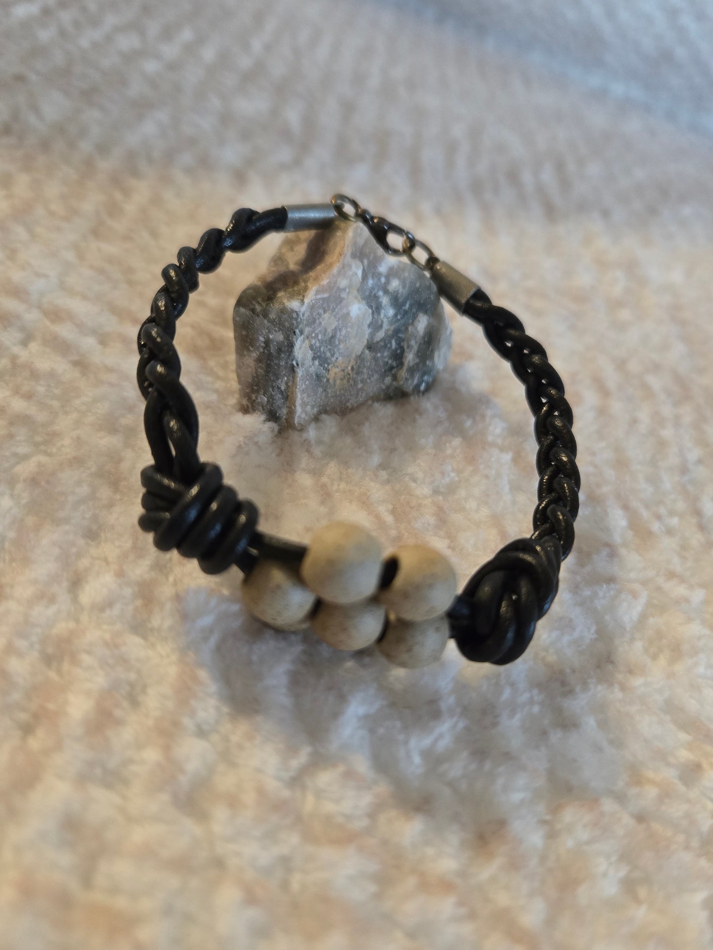 Black braided leather bracelet with porcelain beads