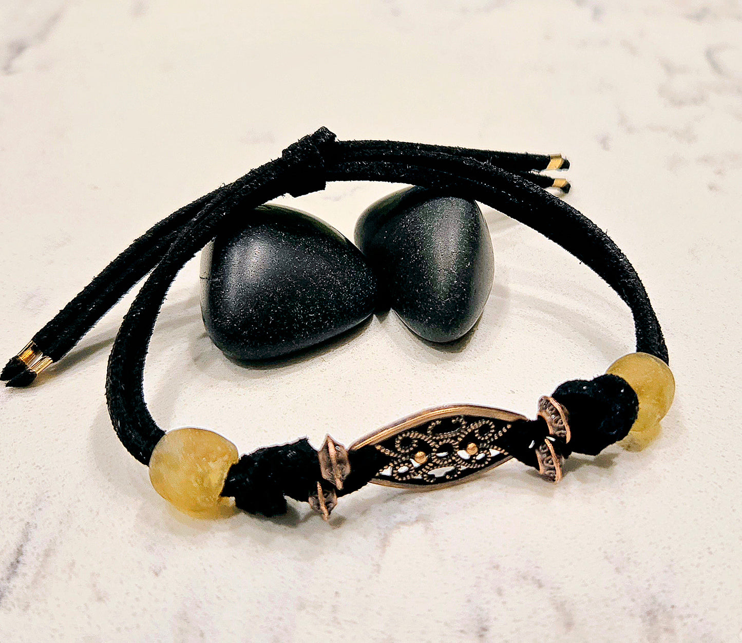 Adjustable Black suede bracelet with glass beads