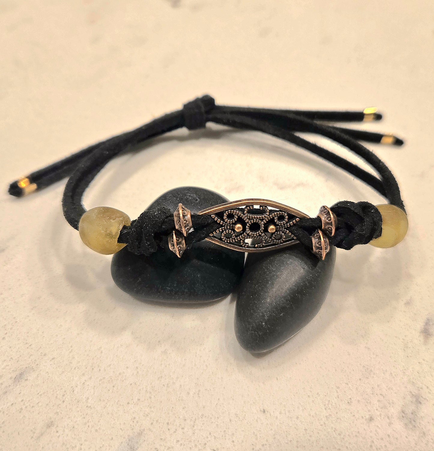 Adjustable Black suede bracelet with glass beads