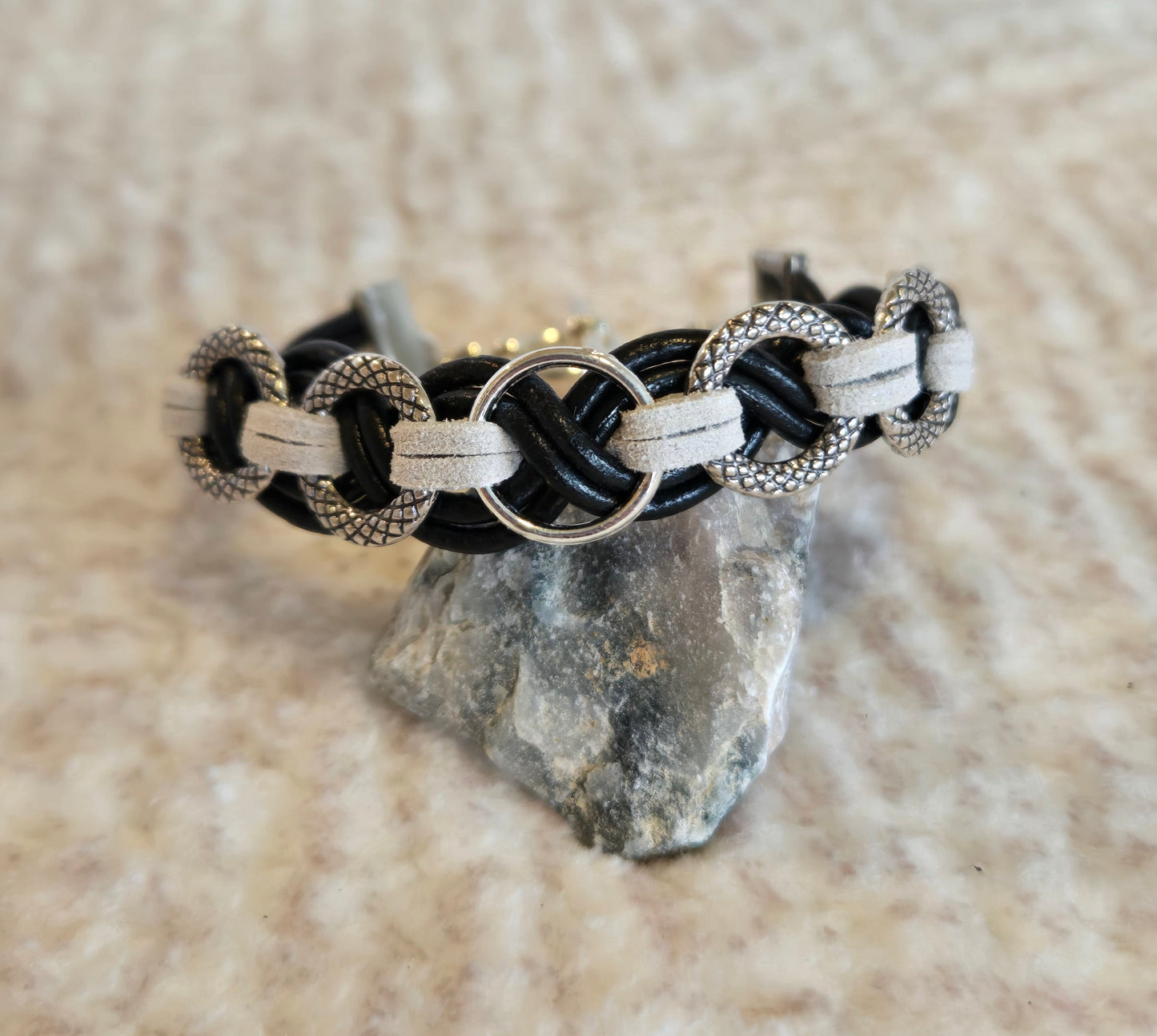 Unisex black leather and gray suede bracelet