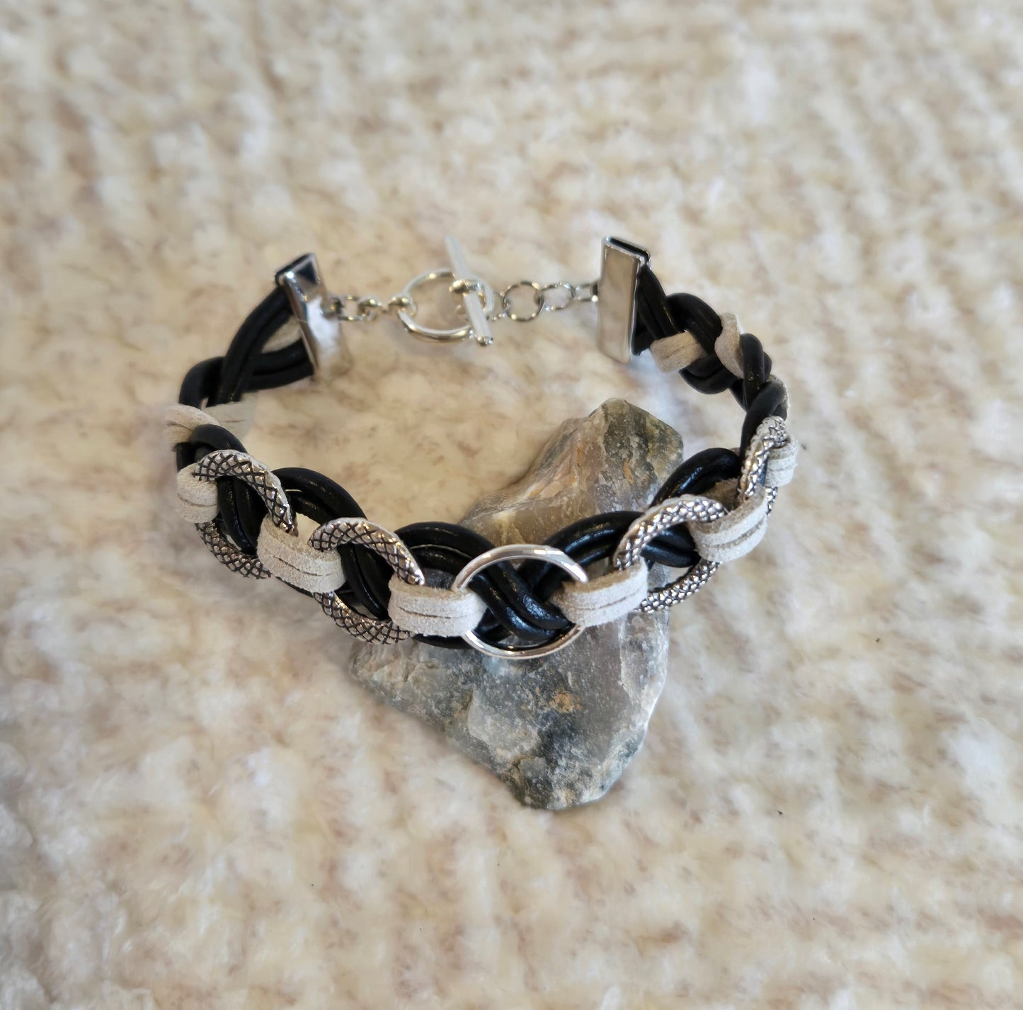 Unisex black leather and gray suede bracelet