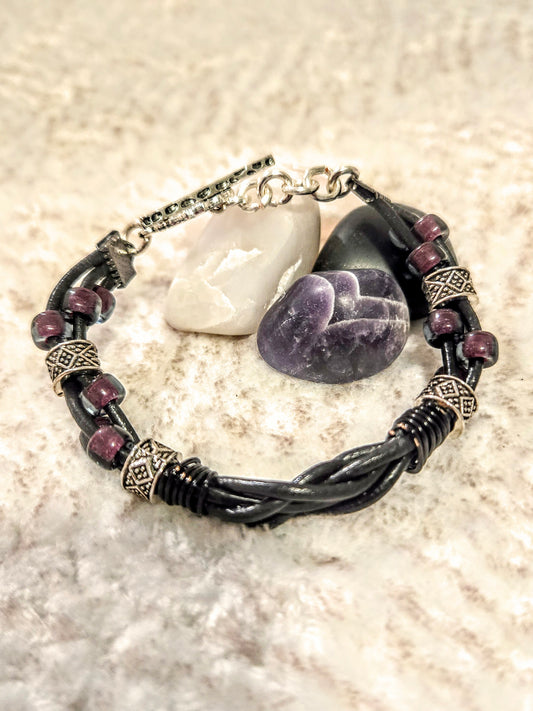 Black leather cord bracelet with czech glass garnet beads