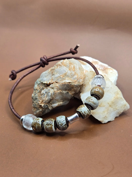 Antique brown leather bracelet with porcelain and Czech glass beads