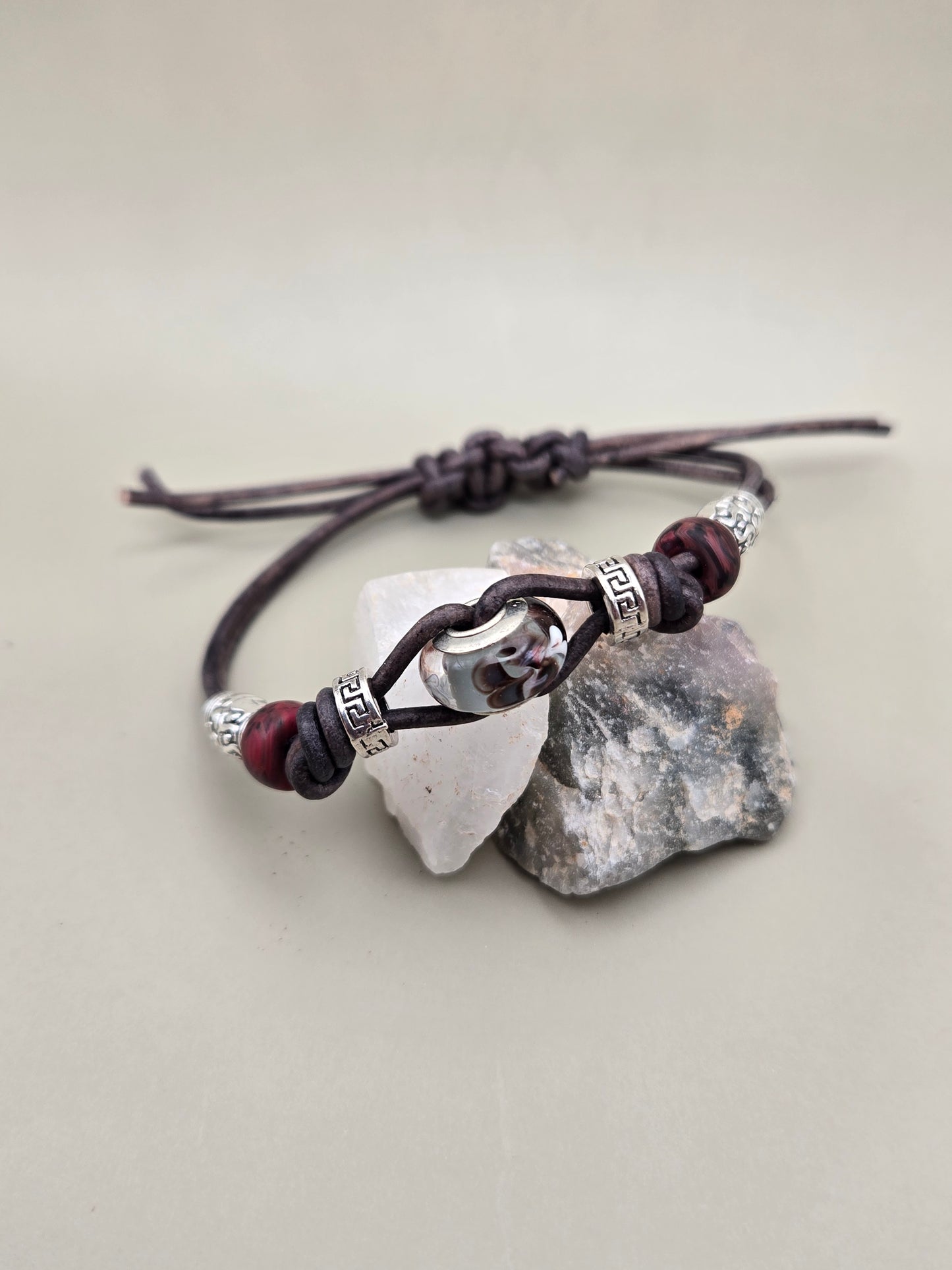 Butterfly focal grey leather square knot bracelet