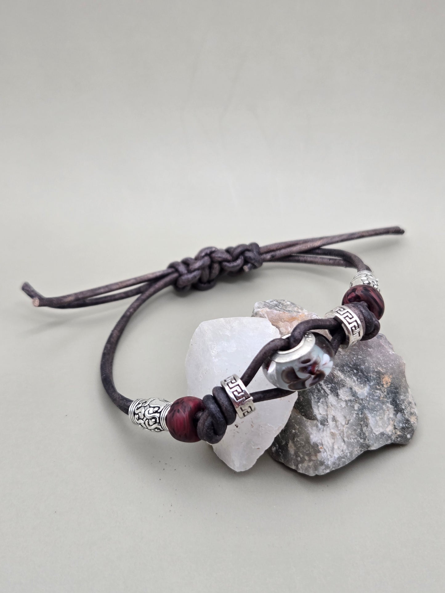 Butterfly focal grey leather square knot bracelet