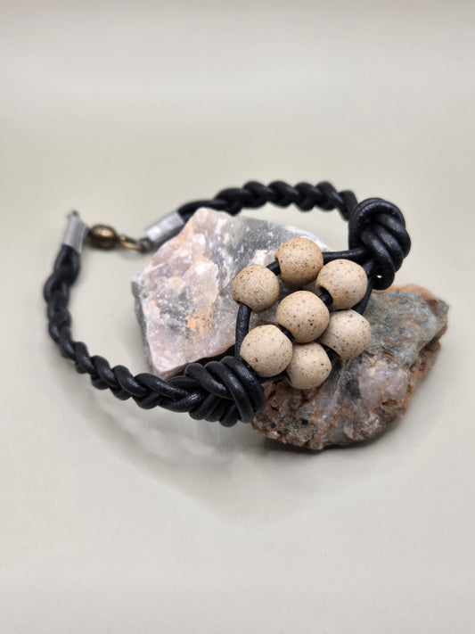 Black braided leather bracelet with porcelain beads