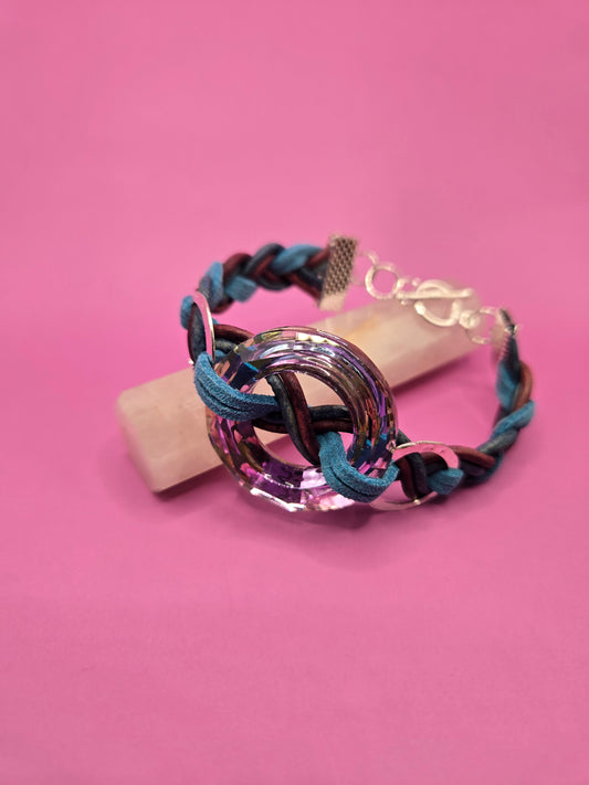 Violet and blue leather bracelet with glass focal