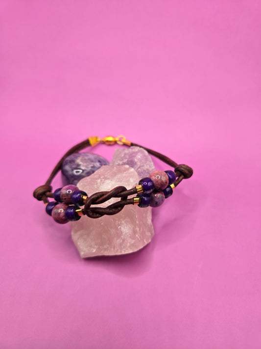 Distressed brown leather cord bracelet with Czech glass purple beads