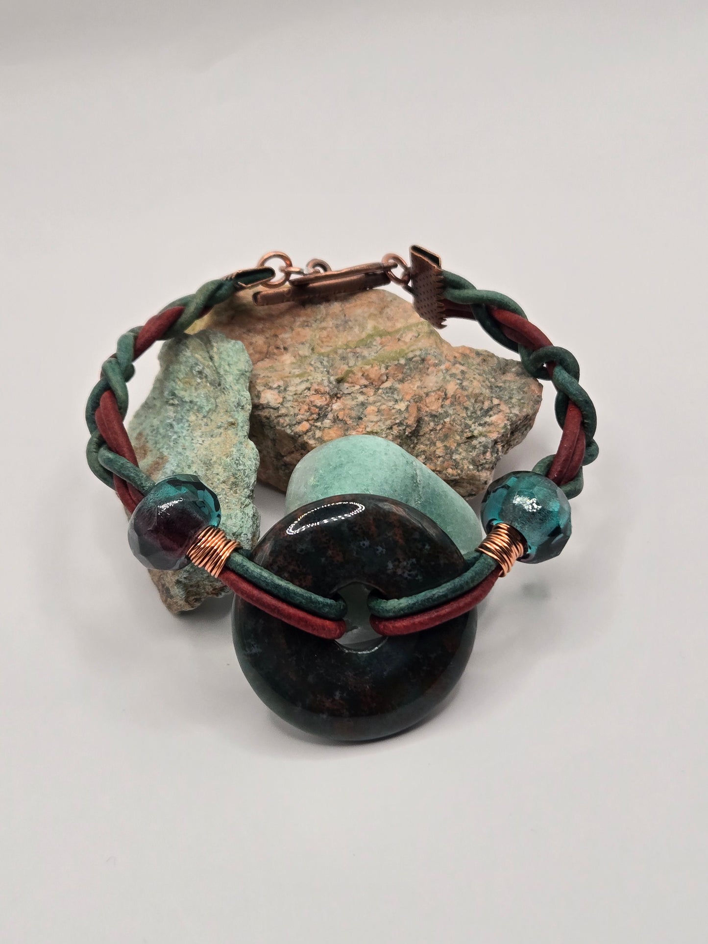 Turquoise and red leather bracelet with moss agate donut