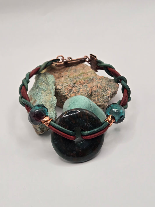 Turquoise and red leather bracelet with moss agate donut
