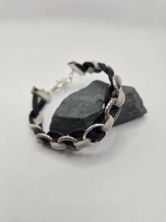 Unisex black leather and gray suede bracelet