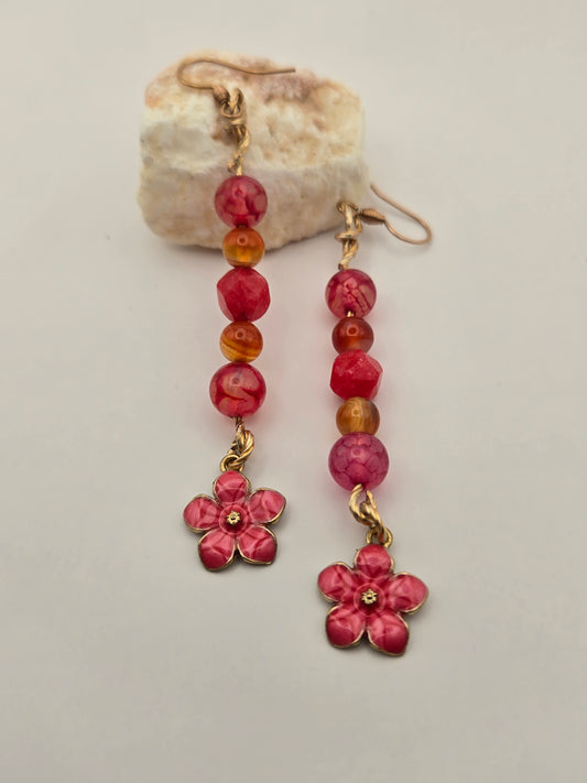 Carnelian, crackle Agate and Jade Quartz drop earrings with enameled Crimsom flowers