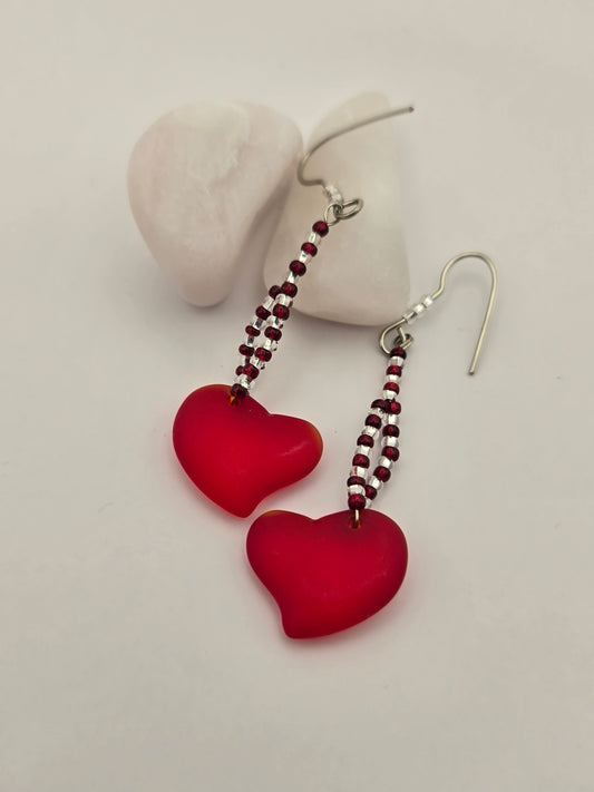 Red glass heart earrings with Red and clear glass seed beads