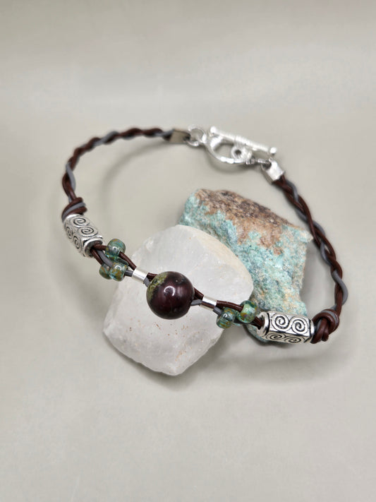 Gray and brown braided leather bracelet with beads