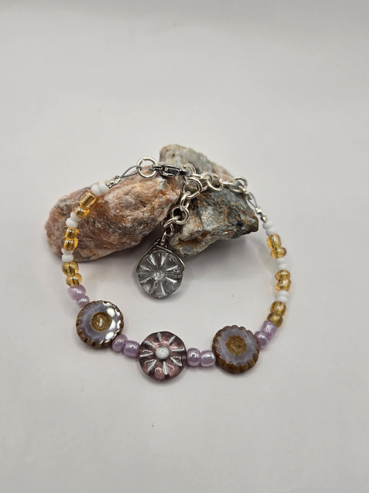 Czech Purple flower glass beads wire bracelet with Czech flower glass charm