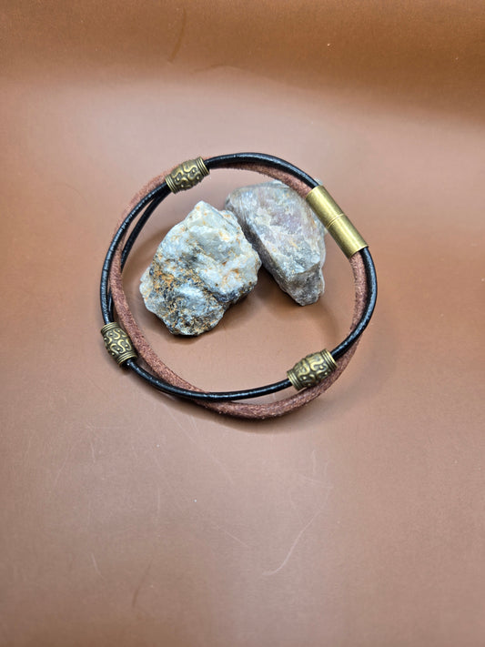 Brown/black leather with bronze metal beads bracelet