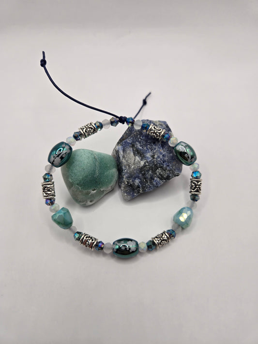 Blue-Green flowered crystal beads adjustable leather bracelet