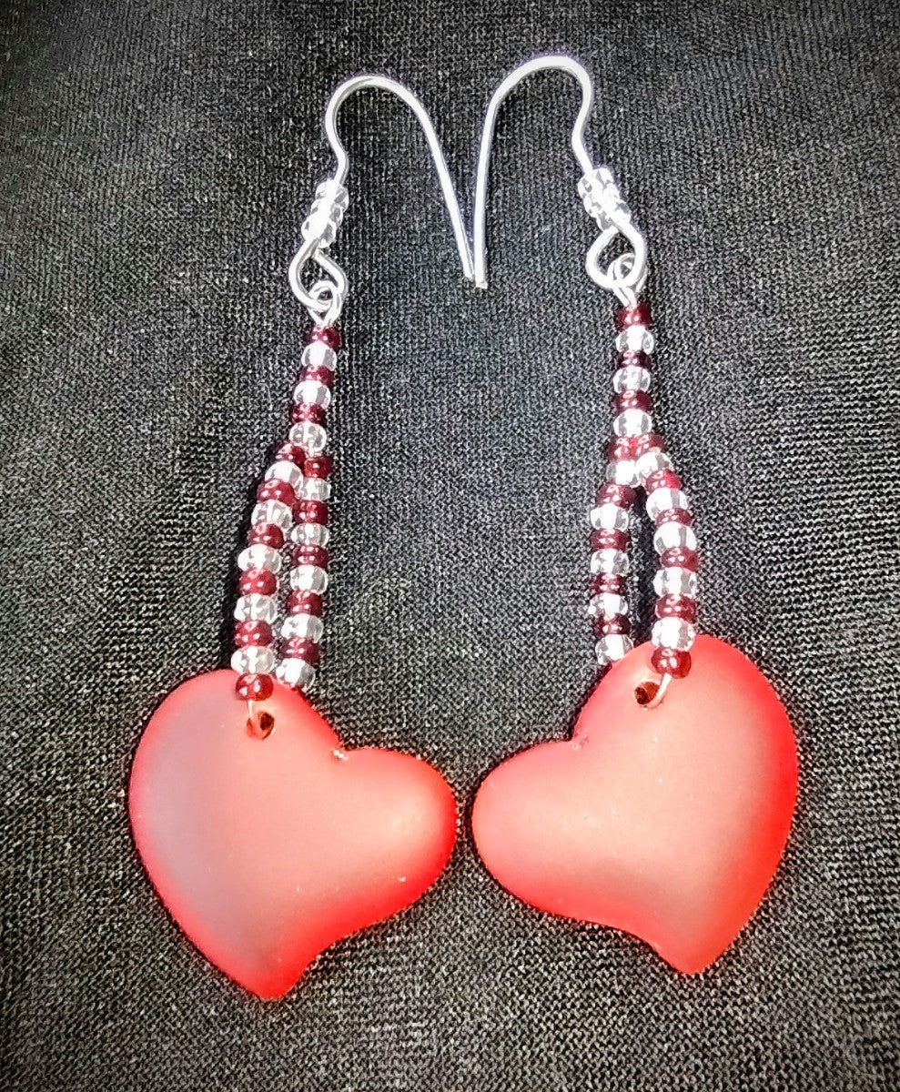 Red glass heart earrings with Red and clear glass seed beads